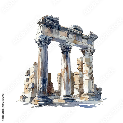 Ruins of columns, remains of ancient building, watercolor illustration.