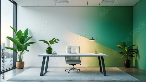 Aesthetic gradient white to green themed office interior concept
