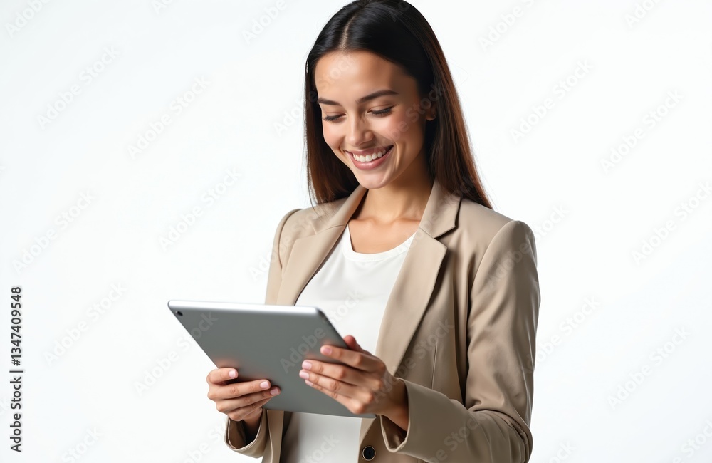 Smiling businesswoman working on tablet computer. Pretty young female in beige suit uses digital device. Happy woman holding pad, looking at screen, corporate business. White background, office Smiling businesswoman working on tablet computer. Pretty young female in beige suit uses digital device. Happy woman holding pad, looking at screen, corporate business. White background, office