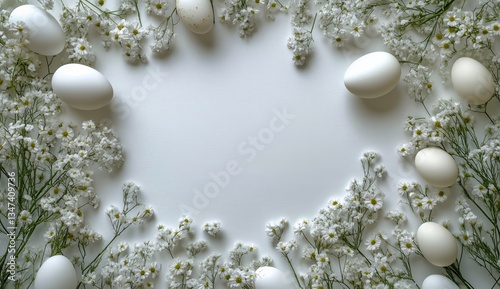 White Eggs Surrounded by Delicate White Flowers on a Light Background for Spr...