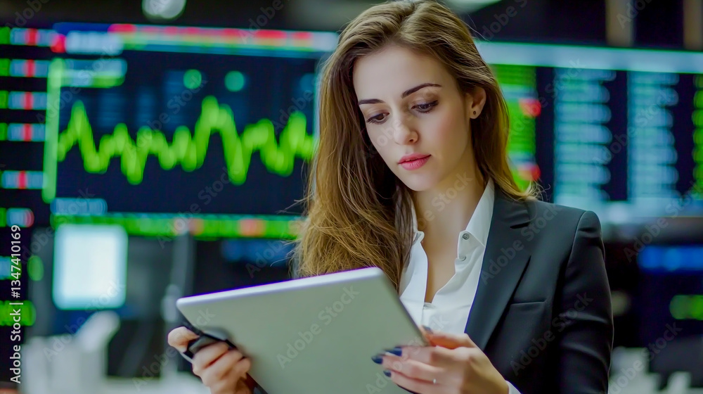 Successful businesswoman holding a tablet computer while analyzing stock market trends and trading financial assets Successful businesswoman holding a tablet computer while analyzing stock market trends and trading financial assets