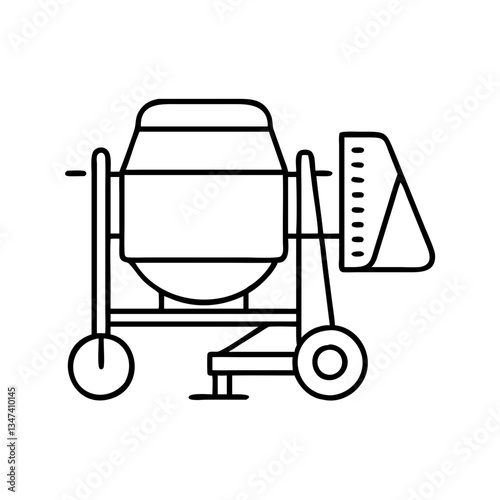 The image depicts a line drawing of a concrete mixer, a crucial machine used in construction to mix concrete for building projects