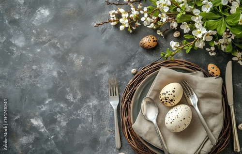 Elegant Dining Table Setting With Speckled Eggs and Spring Flowers for a Fest...