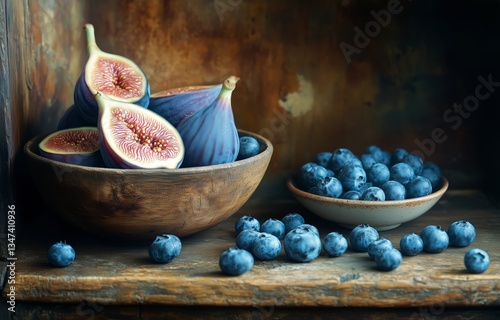 Fresh Figs and Blueberries Arranged in Wooden Bowls on Rustic Shelf