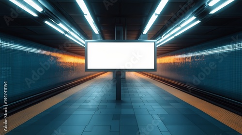 Underground Subway Platform Featuring a Blank Advertising Board in a Modern S...