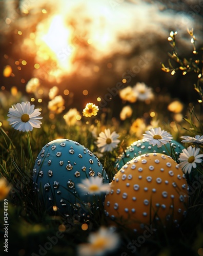 Colorful Easter Eggs Surrounded by Daisies in a Vibrant Spring Meadow