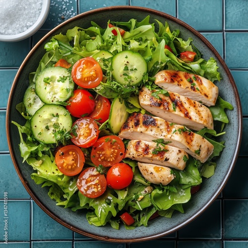 Grilled Chicken Salad With Fresh Vegetables Arranged in a Bowl on Tiled Surface
