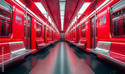 Vibrant Red Interior of an Empty Subway Train at Night With Bright Lighting I...