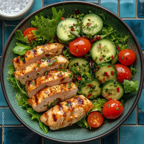 Grilled Chicken Salad With Fresh Vegetables Arranged in a Bowl on Tiled Surface