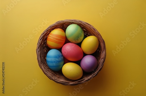 Colorful Decorated Eggs Displayed in a Woven Basket on a Vibrant Yellow Backg...