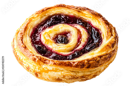 Fruit danish pastry roll, blueberry jam and cheese, cut out transparent