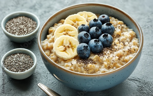 Healthy Breakfast Bowl With Oatmeal, Bananas, Blueberries, and Chia Seeds Ser...
