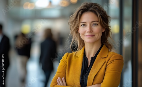 Confident Businesswoman Smiling in a Modern Office Environment With Blurred C...