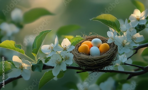 Colorful Eggs in a Nest Among Blooming Apple Tree Flowers During Springtime