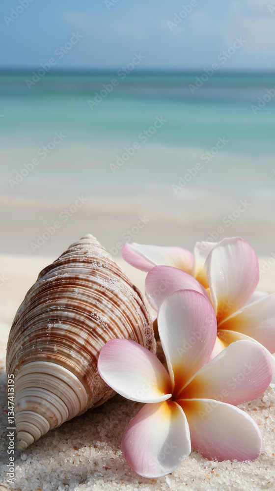 Tropical Beach Scene with Plumeria Flowers and Seashells – Relaxing Vacation Background Tropical Beach Scene with Plumeria Flowers and Seashells – Relaxing Vacation Background
