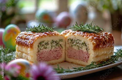 Spring Celebration With Rosemary Cake and Colorful Eggs Arranged on a Table