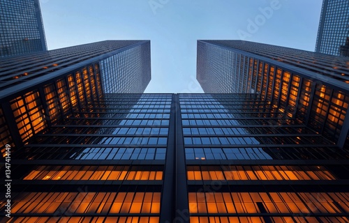 Skyscrapers Reflect Blue Sky in Urban Landscape of Downtown City During Brigh...