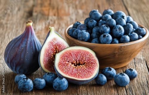 Fresh Figs and Blueberries Arranged in Wooden Bowls on Rustic Shelf