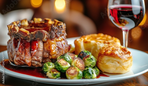 Gourmet Dinner Featuring Roast Meat, Vegetables, and Wine Served in an Elegan...