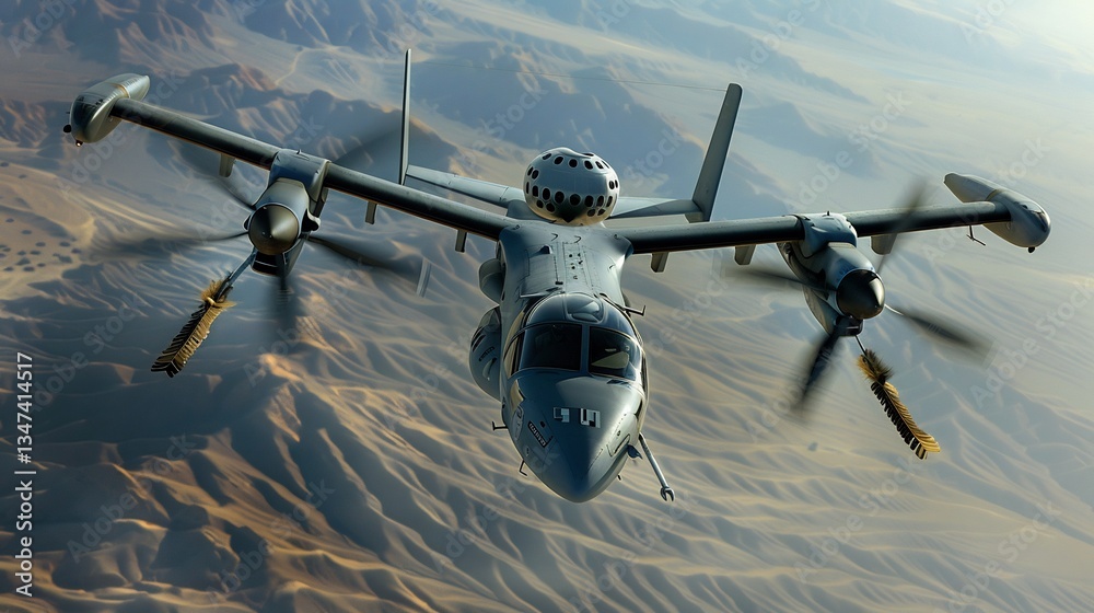 Naklejka premium Airborne early warning aircraft fused intelligence of osprey radar dome resembling bird keen eye scanning horizon feather like plating aerodynamic efficiency control battlefield above like apex aerial