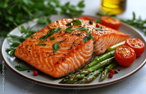 Grilled Salmon Fillet Served With Asparagus and Cherry Tomatoes on a Plate