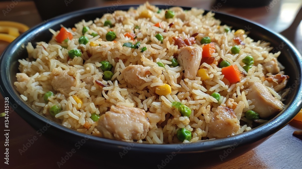 Delicious chicken fried rice with tender chicken and vibrant veggies, prepared in a warm home cooking setting. Delicious chicken fried rice with tender chicken and vibrant veggies, prepared in a warm home cooking setting.