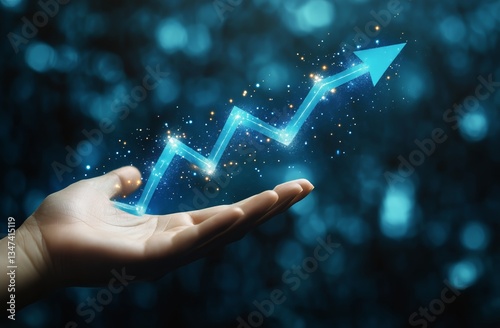 Hand Holding Glowing Upward Trend Line Graph With Blue Lights and Sparkles De...