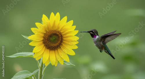 A hummingbird hovering near a flower.
