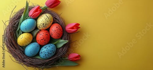 Colorful Easter Eggs Arranged in a Nest Surrounded by Vibrant Tulips on a Yel...