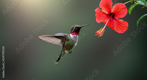 A hummingbird hovering near a flower.
