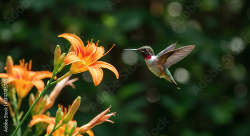 A hummingbird hovering near a flower.
