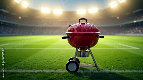 Grill on Stadium Field During Football Match with Bright Lights for Festive Pre-Game Tailgating