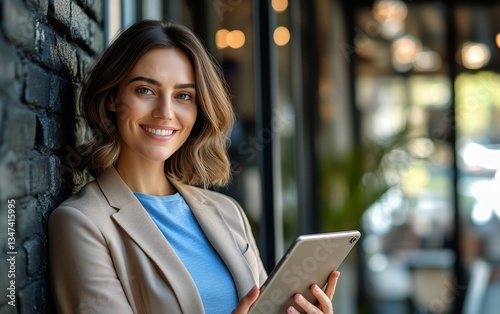 Professional Woman Smiling While Using Tablet in Modern Cafe Setting