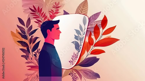 A stylized illustration of a man in profile surrounded by vibrant foliage and abstract shapes