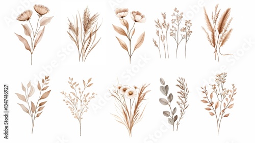 A set of six boho watercolor floral illustrations featuring wildflowers, pampas grass, eucalyptus, and dried flowers