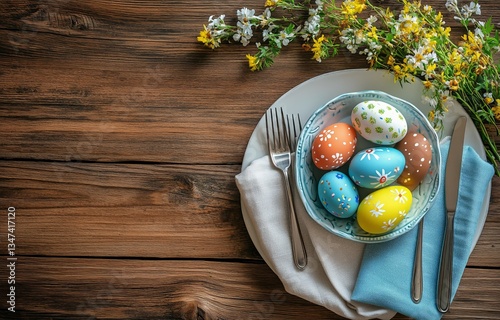 Decorated Plate Surrounded by Colorful Easter Eggs and Spring Flowers on a Wh...