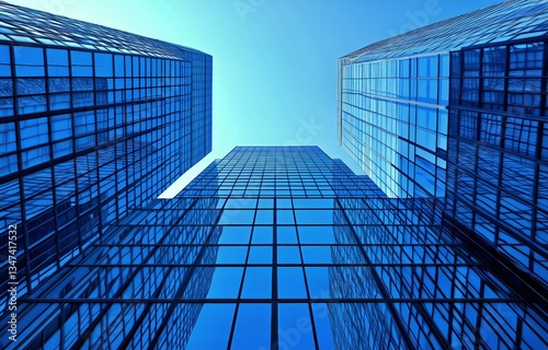 Skyscrapers Reflect Blue Sky in Urban Landscape of Downtown City During Brigh...
