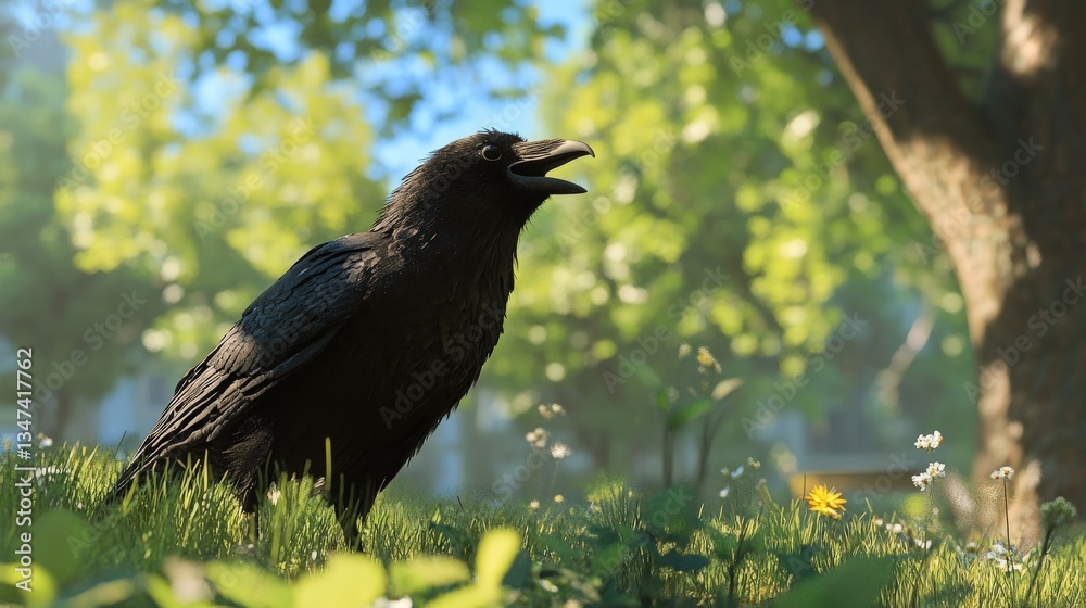 Fototapeta premium A black crow stands in a field under sunlight near foliage