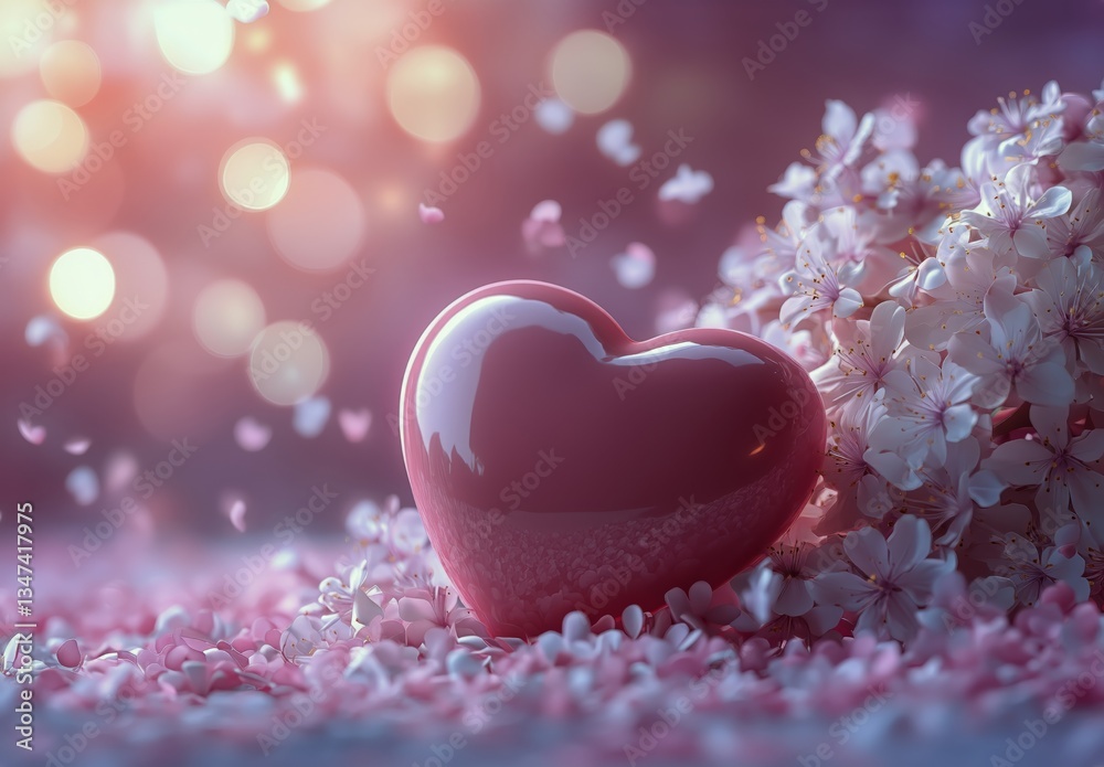 Fototapeta premium Heart Shaped Object Rests Among Cherry Blossoms With Bokeh Background in Soft Pastel Colors