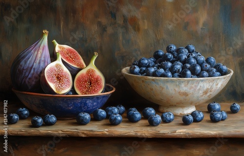 Fresh Figs and Blueberries Arranged in Wooden Bowls on Rustic Shelf