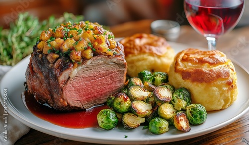 Gourmet Dinner Featuring Roast Meat, Vegetables, and Wine Served in an Elegan...