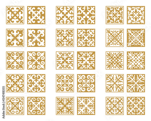 Vector Set of different gold ornaments in Kazakh style isolated on a white background. Square decor in two variant the positive and negative. Elements of the national pattern of the ancient nomads