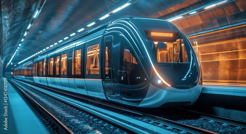 Modern Subway Train in Underground Station With Glowing Lights and Vibrant Co...