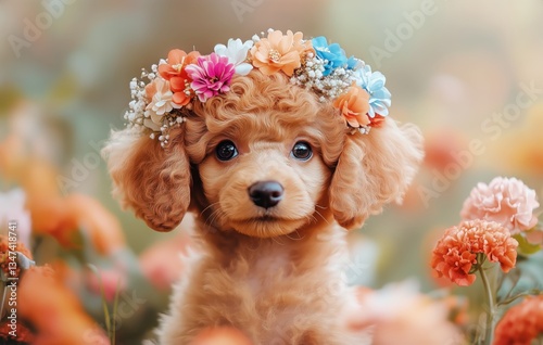 Cute Puppy Wearing a Flower Crown Surrounded by Colorful Flowers in a Sunny G...
