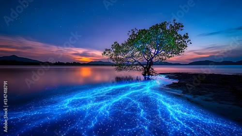 Glowing Bioluminescent Water With Tree At Sunset