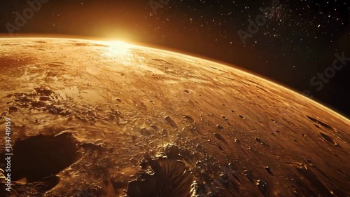 Martian surface at sunset with a starry sky.