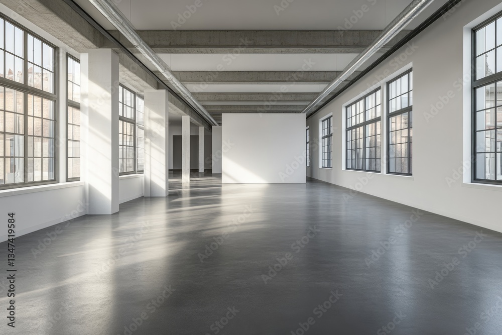 Modern, empty industrial space with large windows and high ceilings Modern, empty industrial space with large windows and high ceilings
