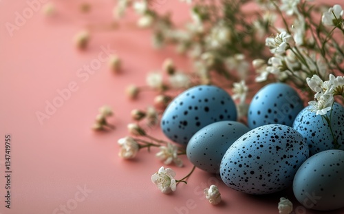 Colorful Speckled Eggs Surrounded by Delicate Blossoms on a Soft Background