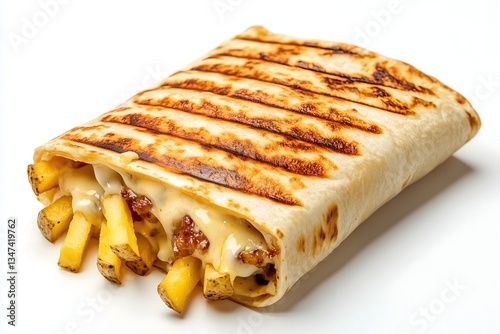 A golden brown french taco with a melted cheese sauce, french fries and beef isolated on a white background