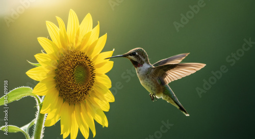A hummingbird hovering near a flower.
